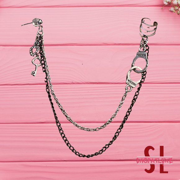 Handcuffs And Key Charms Ear Cuff And Chain Earring - Picture 1 of 5